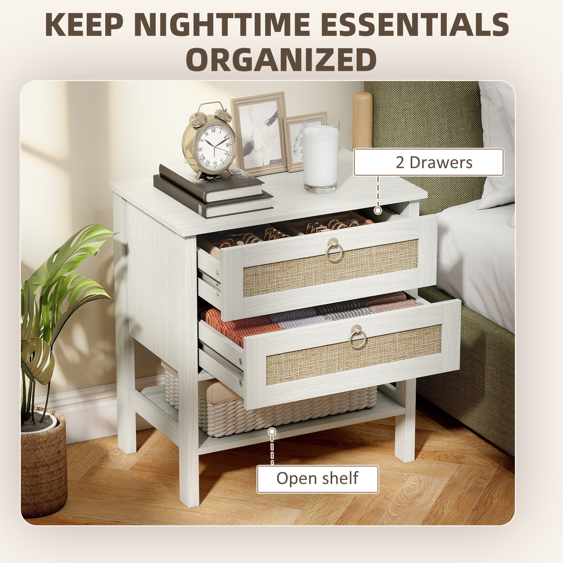 Set of 2 Boho Rattan Nightstands - White Oak-Nightstands-DECOROLALA