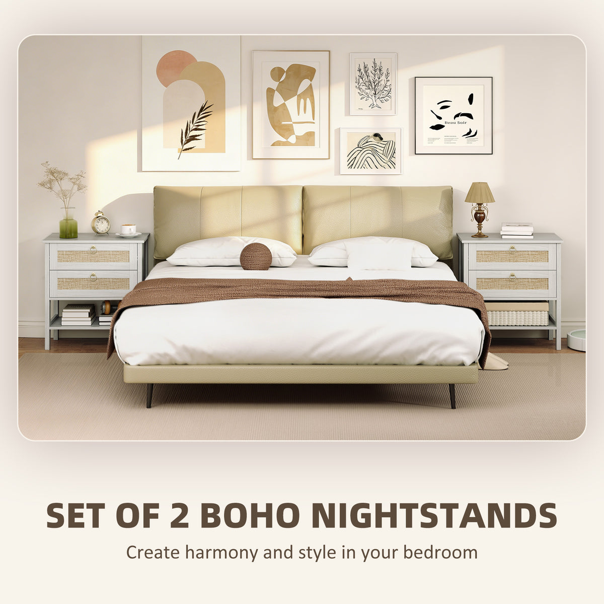 Set of 2 Boho Rattan Nightstands - White Oak-Nightstands-DECOROLALA