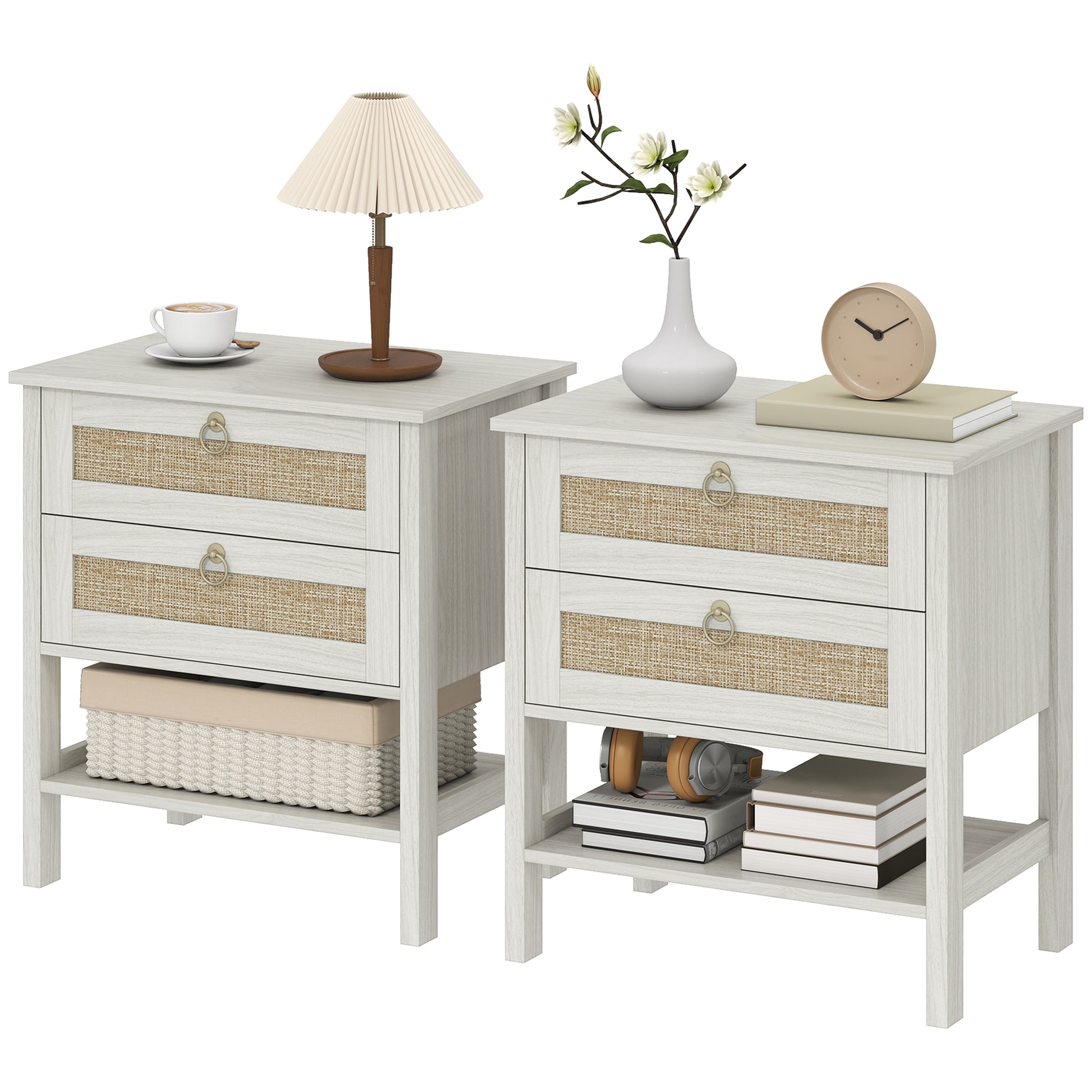 Set of 2 Boho Rattan Nightstands - White Oak-Nightstands-DECOROLALA