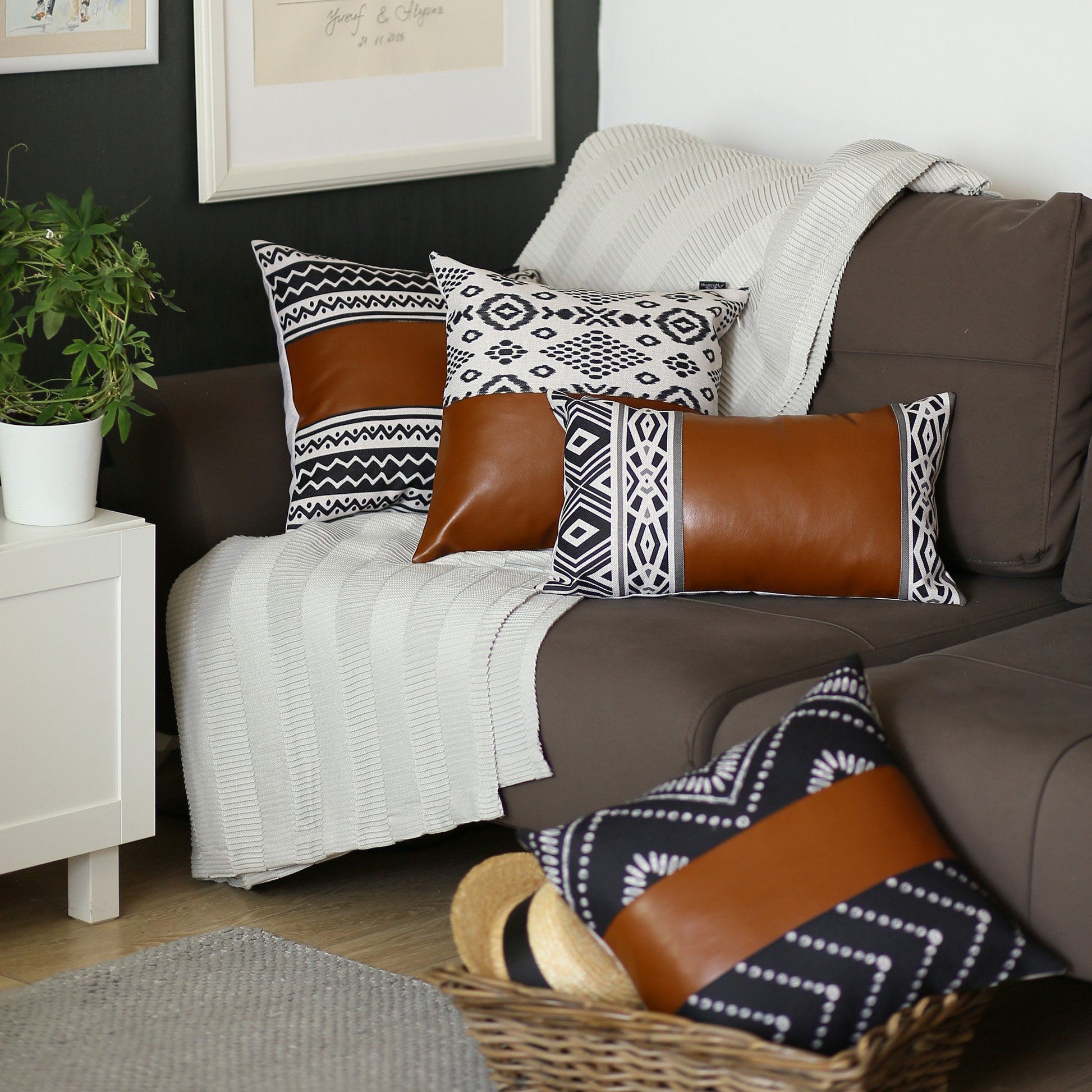 Set of 2 Brown Boho Faux Leather Throw Pillows-Accent Throw Pillows-DECOROLALA