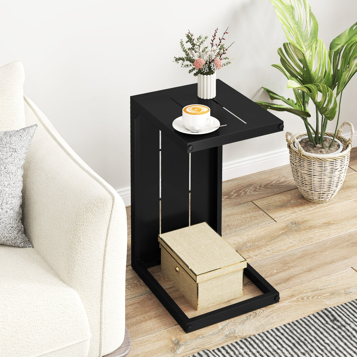 Set of 2 C-Shaped End Table with Adjustable Foot Pads for Indoors Outdoors-Black-End & Side Tables-DECOROLALA
