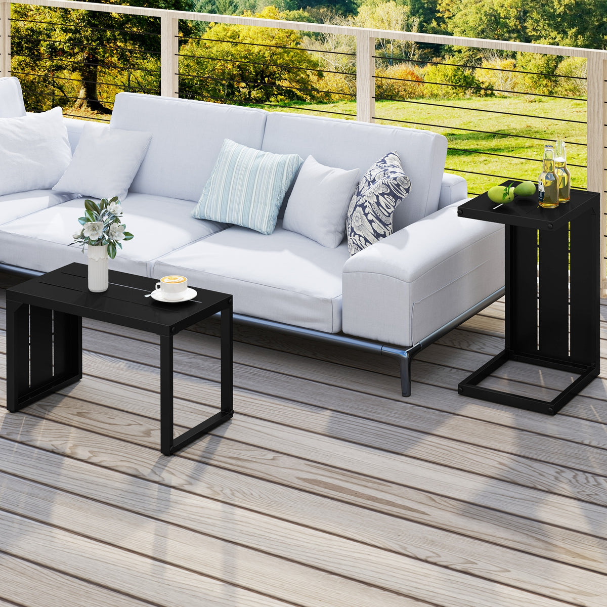 Set of 2 C-Shaped End Table with Adjustable Foot Pads for Indoors Outdoors-Black-End & Side Tables-DECOROLALA