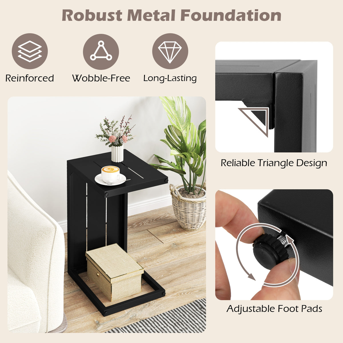 Set of 2 C-Shaped End Table with Adjustable Foot Pads for Indoors Outdoors-Black-End & Side Tables-DECOROLALA