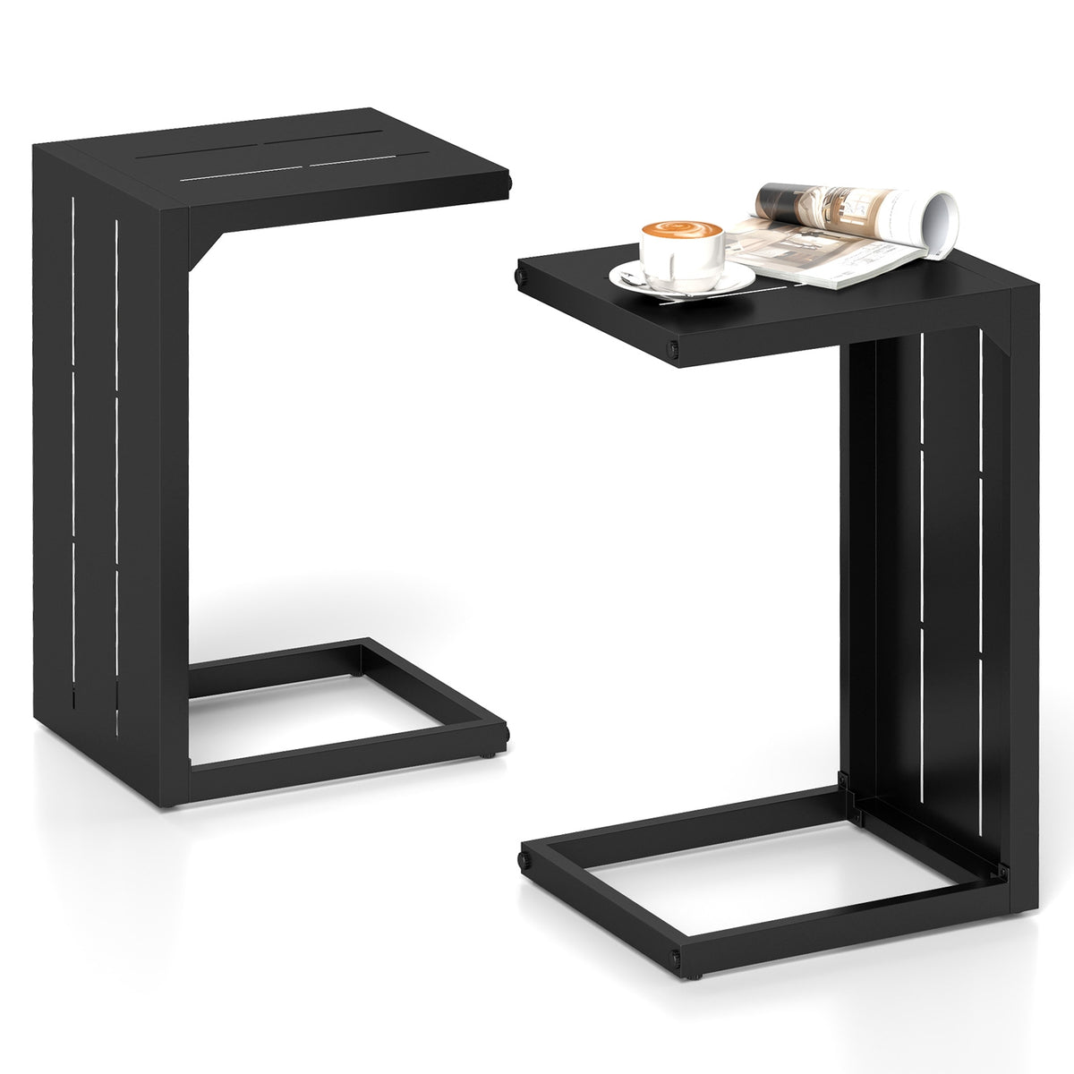 Set of 2 C-Shaped End Table with Adjustable Foot Pads for Indoors Outdoors-Black-End & Side Tables-DECOROLALA