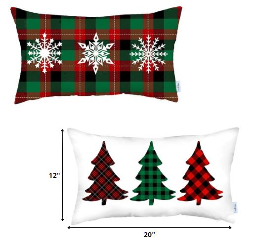 Set of 2 Christmas Plaid Lumbar Decorative Pillows-Accent Throw Pillows-DECOROLALA