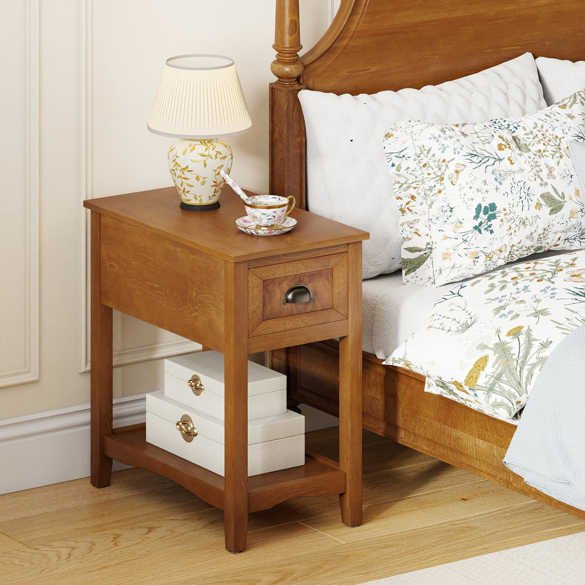 Set of 2 Contemporary Side End Table with Drawer-Natural-End & Side Tables-DECOROLALA