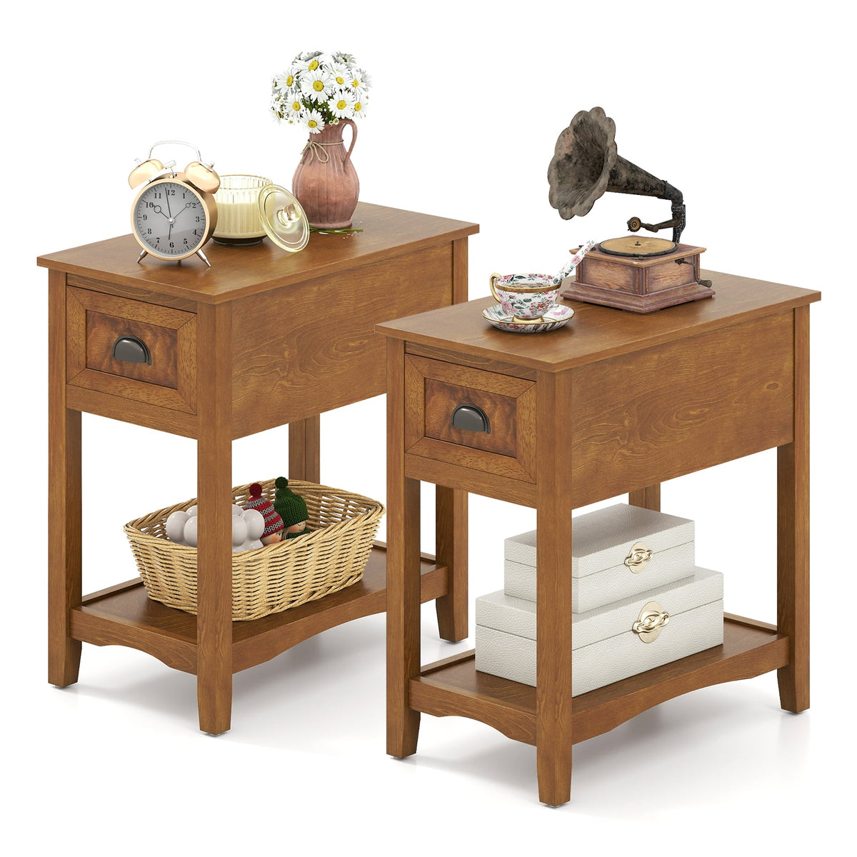 Set of 2 Contemporary Side End Table with Drawer-Natural-End & Side Tables-DECOROLALA