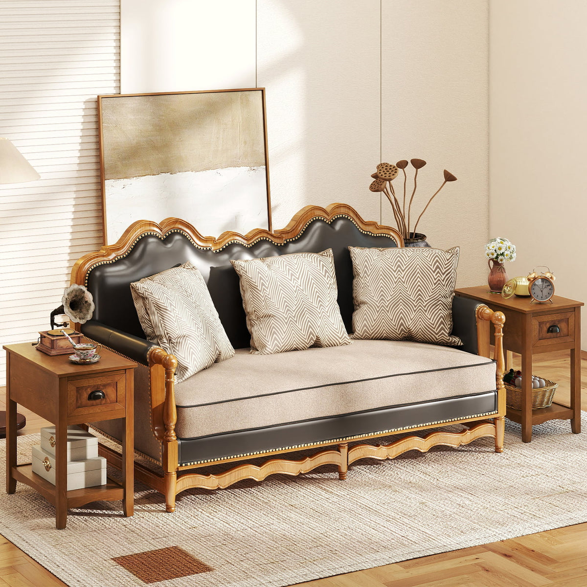 Set of 2 Contemporary Side End Table with Drawer-Natural-End & Side Tables-DECOROLALA