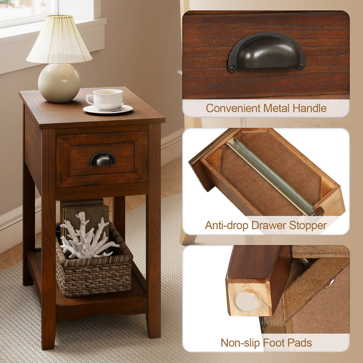 Set of 2 Contemporary Side End Table with Drawer-Walnut-End & Side Tables-DECOROLALA