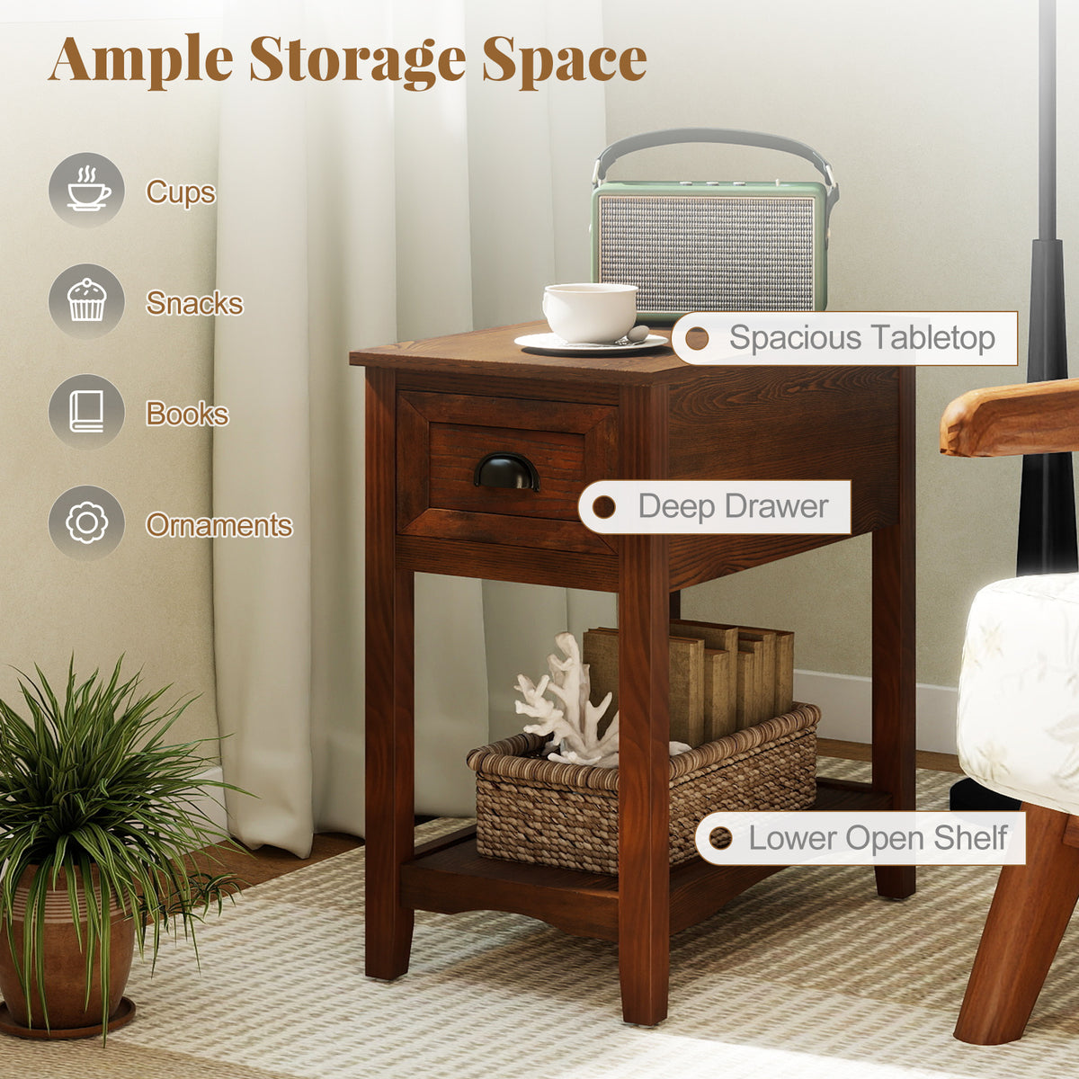 Set of 2 Contemporary Side End Table with Drawer-Walnut-End & Side Tables-DECOROLALA