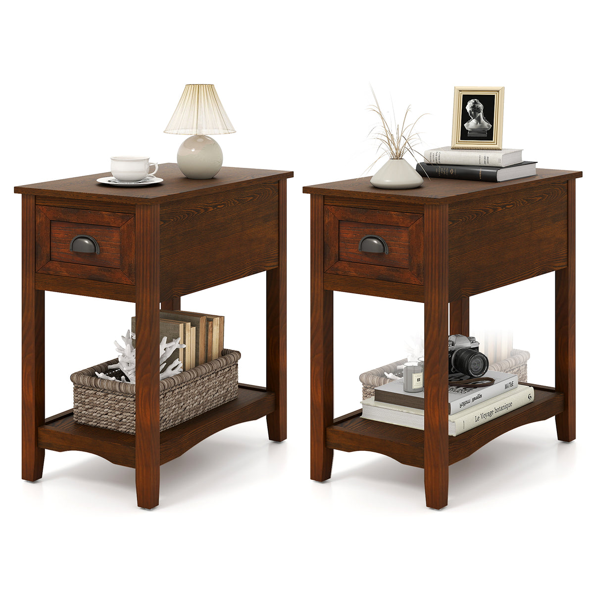 Set of 2 Contemporary Side End Table with Drawer-Walnut-End & Side Tables-DECOROLALA