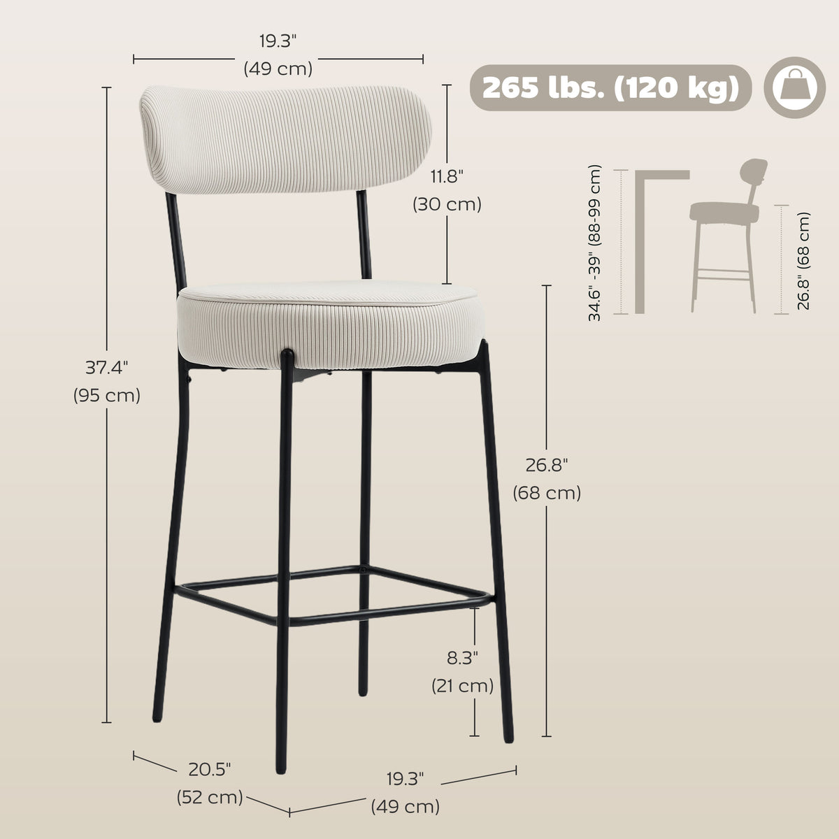 Set of 2 Corduroy Barstools - Cream White 26.8" Seat-Home Furnishings > Kitchen & Dining Furniture > Bar Stools-DECOROLALA