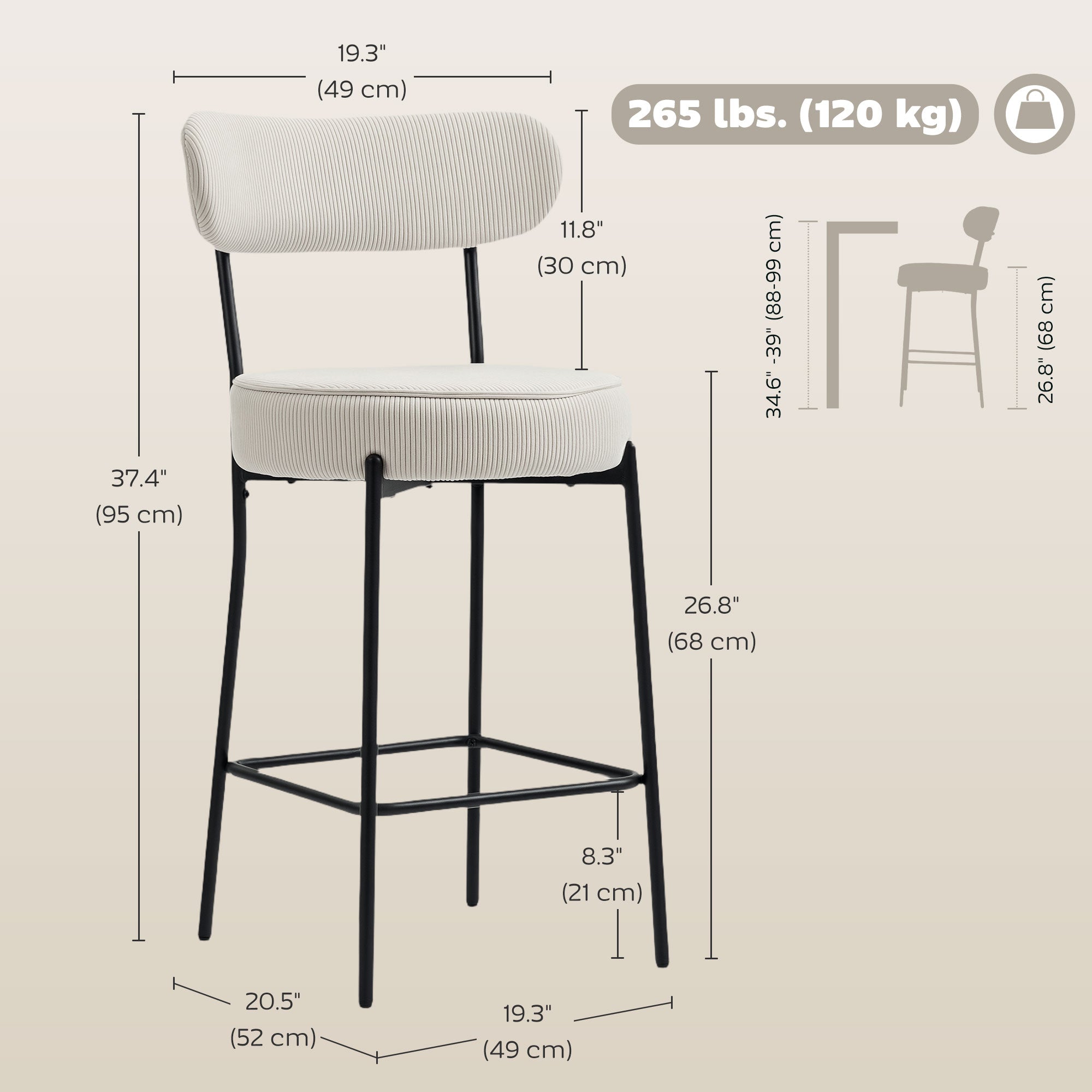 Set of 2 Corduroy Barstools - Cream White 26.8" Seat-Home Furnishings > Kitchen & Dining Furniture > Bar Stools-DECOROLALA