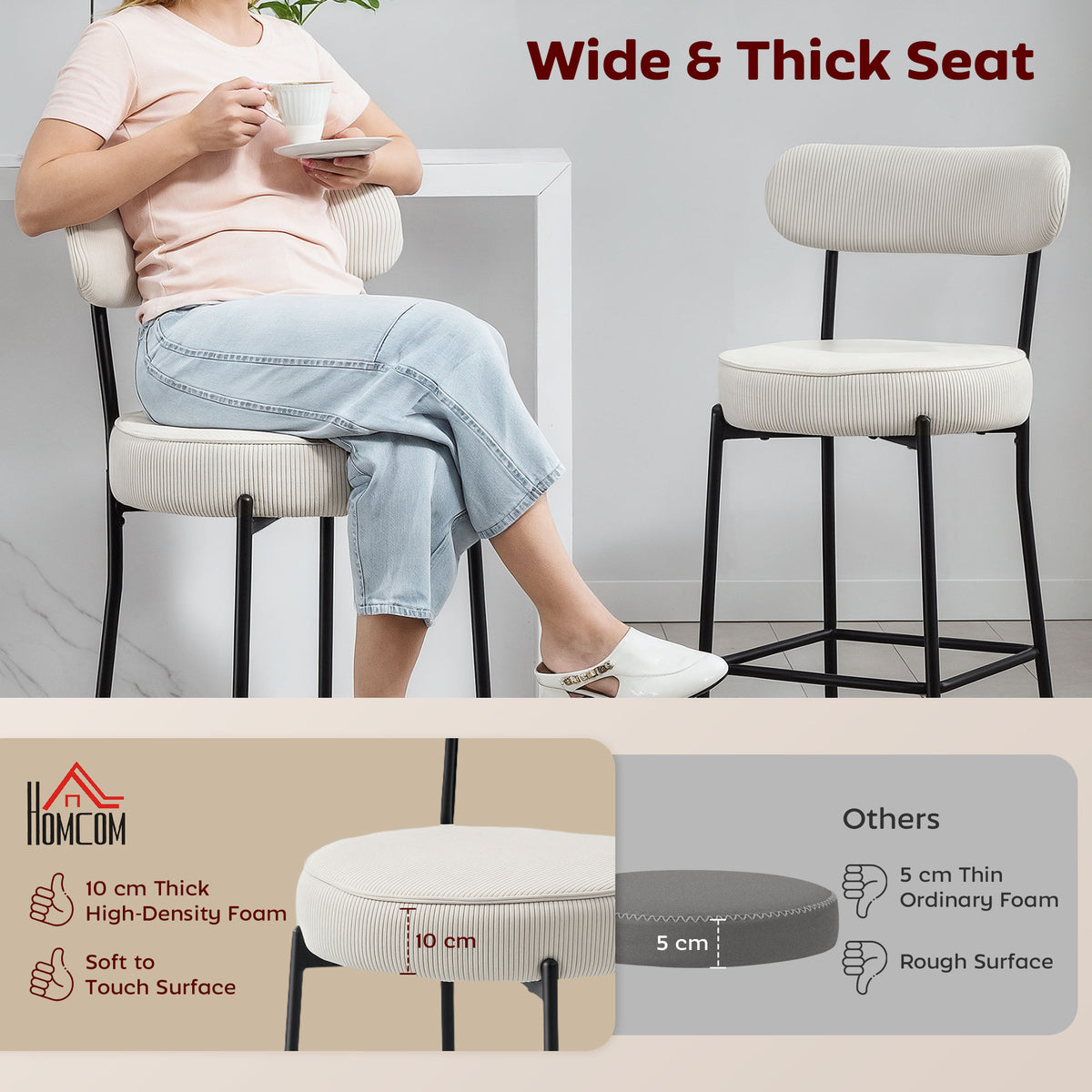 Set of 2 Corduroy Barstools - Cream White 26.8" Seat-Home Furnishings > Kitchen & Dining Furniture > Bar Stools-DECOROLALA