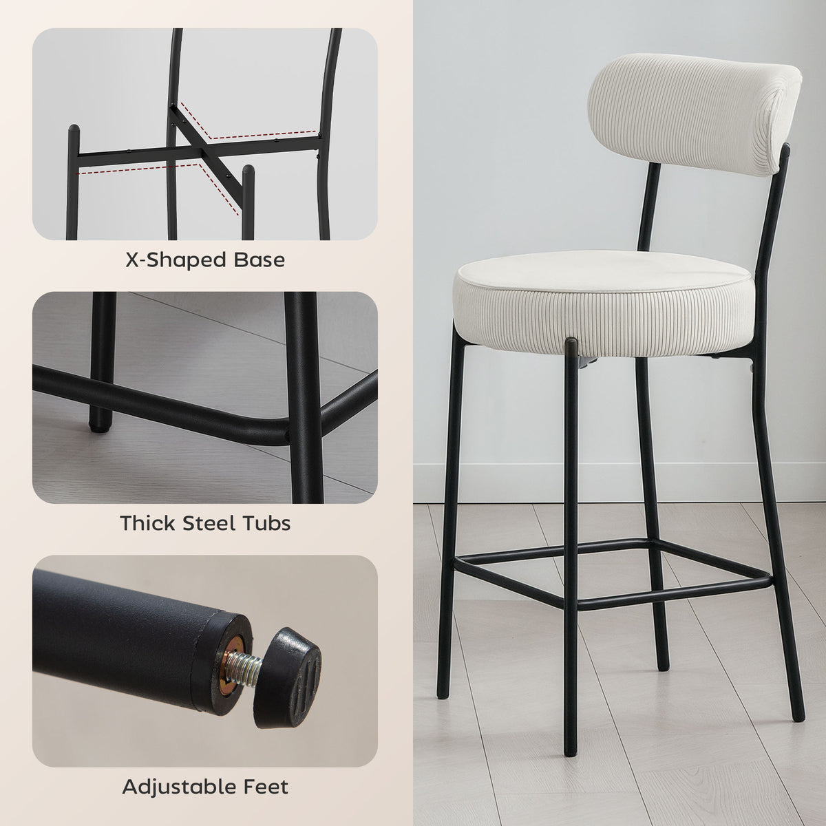 Set of 2 Corduroy Barstools - Cream White 26.8" Seat-Home Furnishings > Kitchen & Dining Furniture > Bar Stools-DECOROLALA