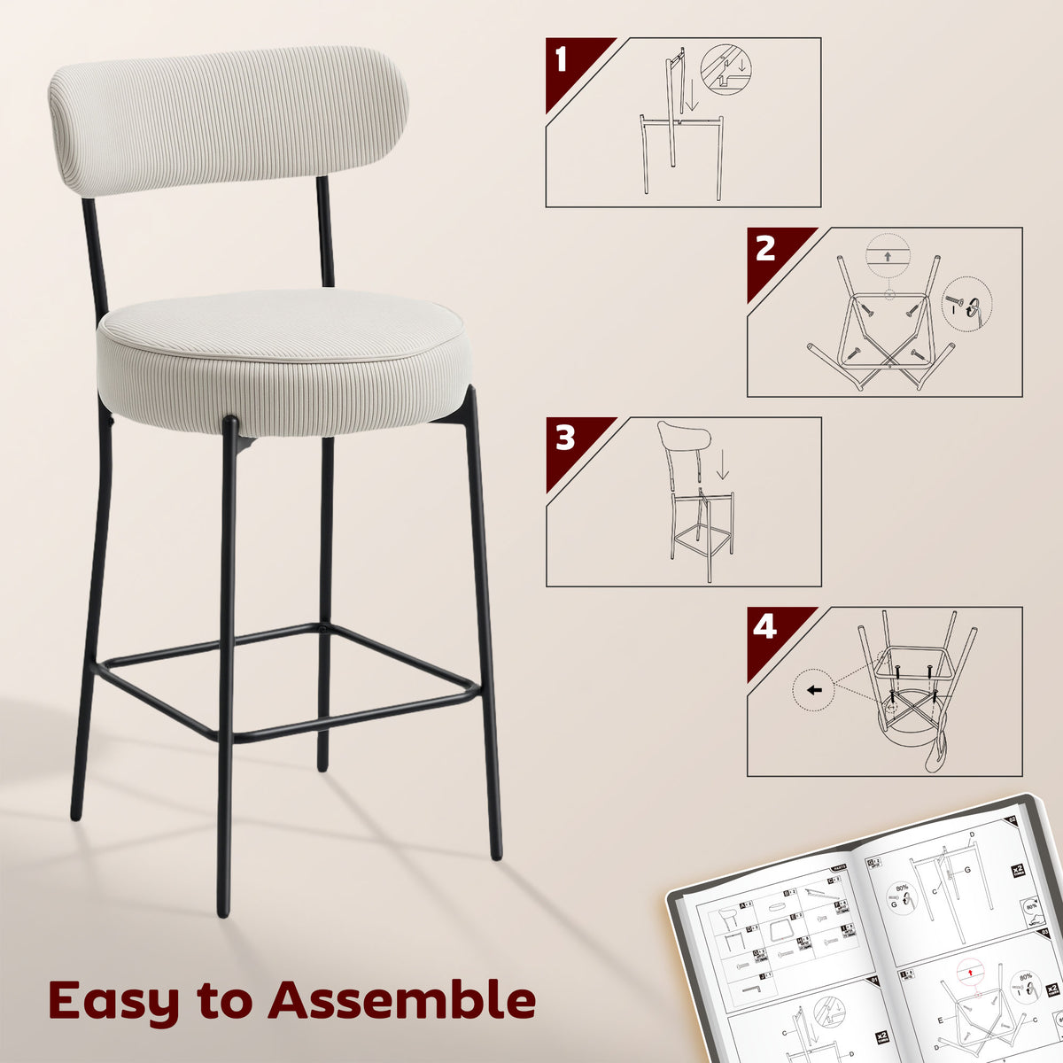 Set of 2 Corduroy Barstools - Cream White 26.8" Seat-Home Furnishings > Kitchen & Dining Furniture > Bar Stools-DECOROLALA