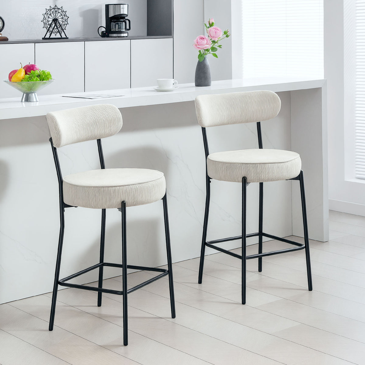 Set of 2 Corduroy Barstools - Cream White 26.8" Seat-Home Furnishings > Kitchen & Dining Furniture > Bar Stools-DECOROLALA
