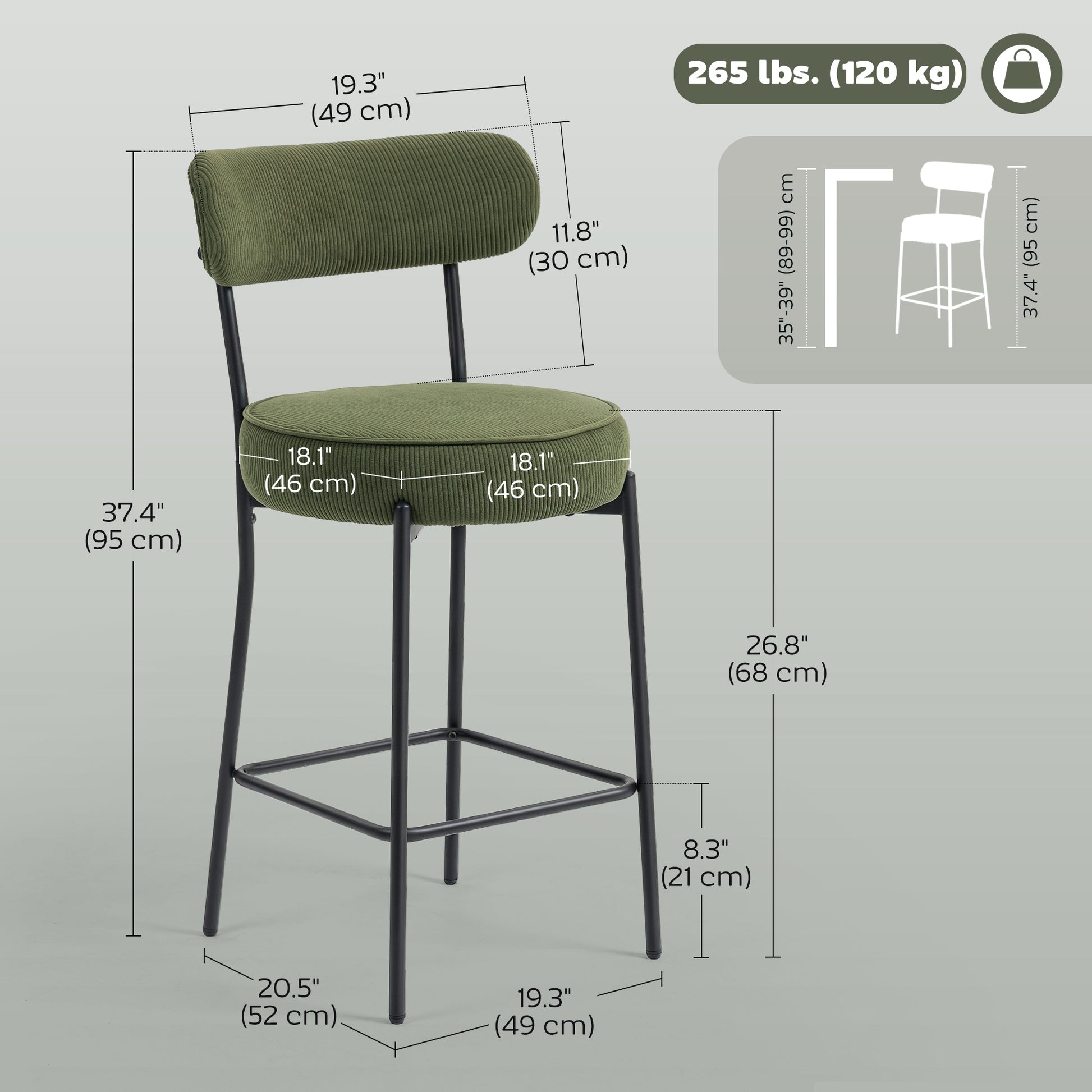 Set of 2 Corduroy Barstools - Green Upholstered 37"-DECOROLALA
