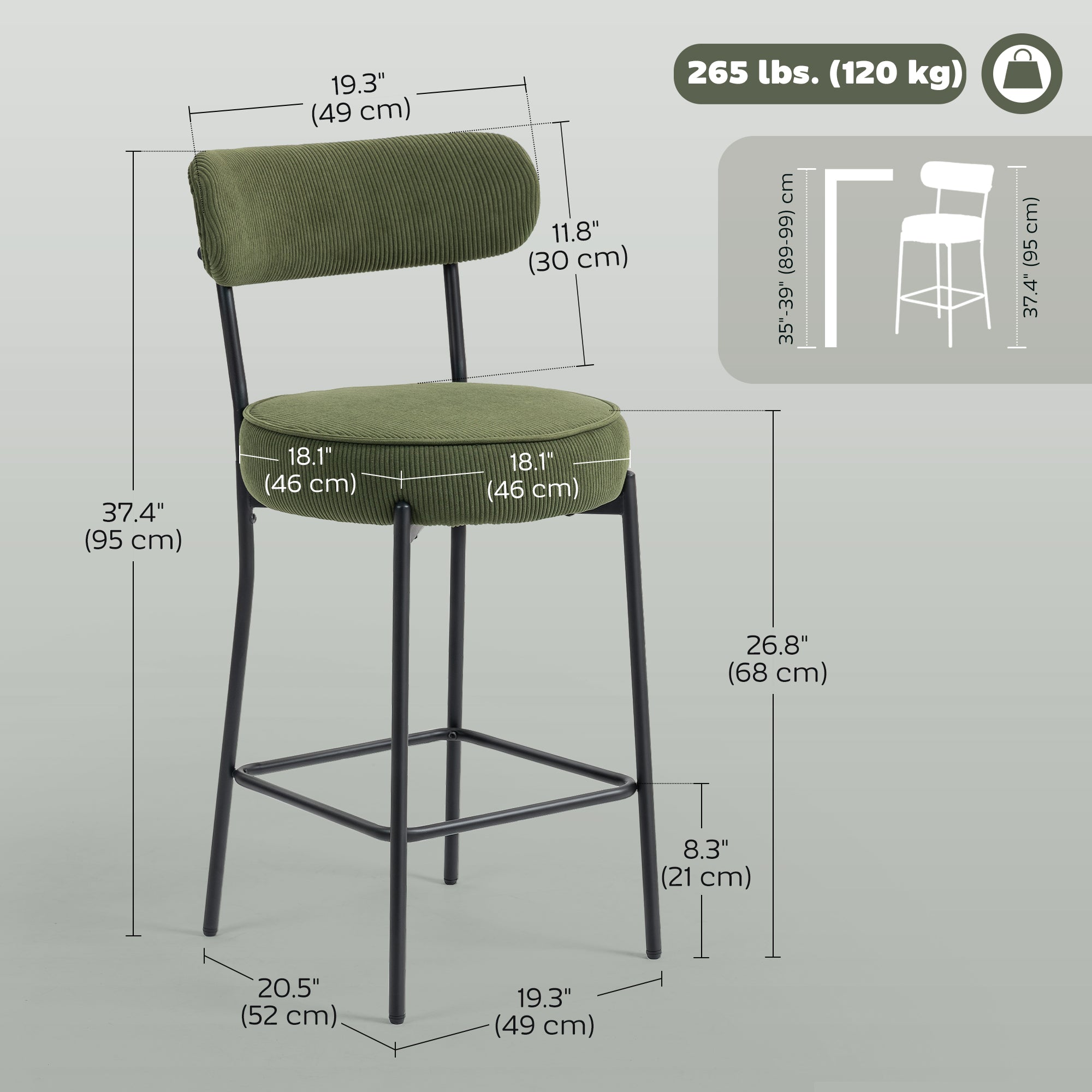 Set of 2 Corduroy Barstools - Green Upholstered 37"-DECOROLALA