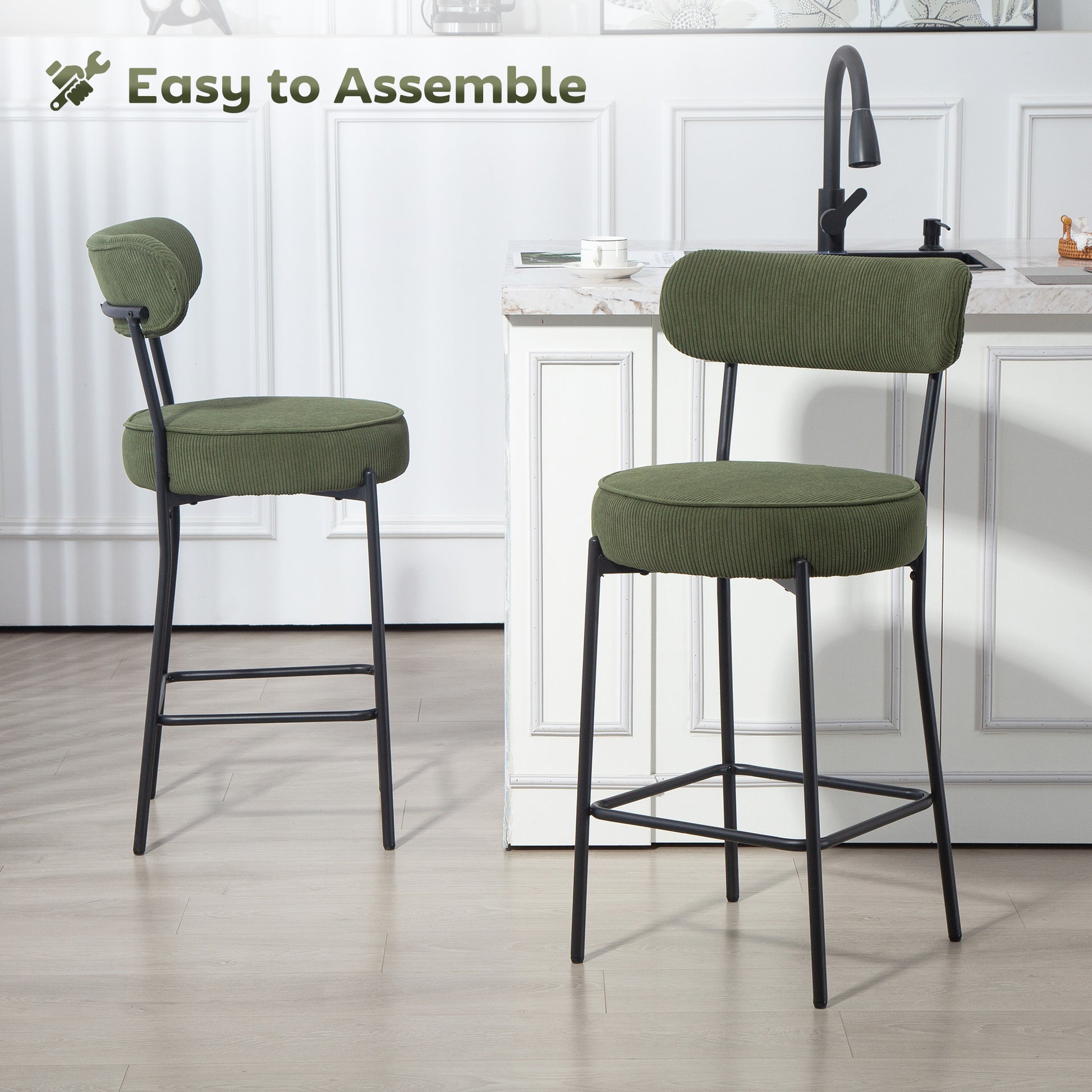 Set of 2 Corduroy Barstools - Green Upholstered 37"-DECOROLALA
