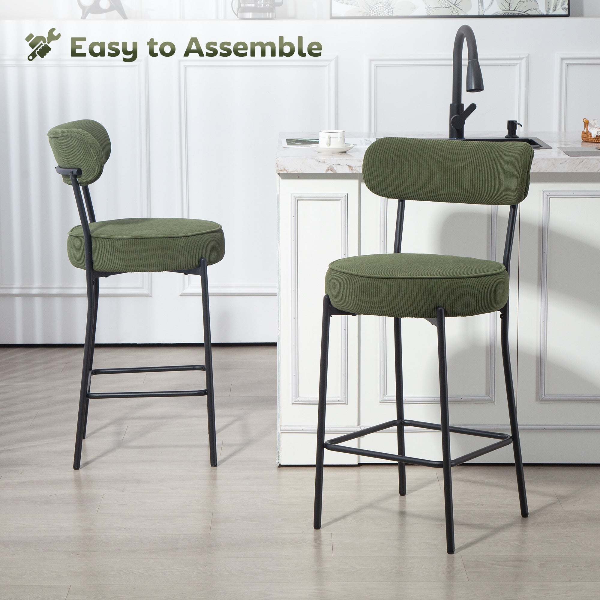 Set of 2 Corduroy Barstools - Green Upholstered 37"-DECOROLALA