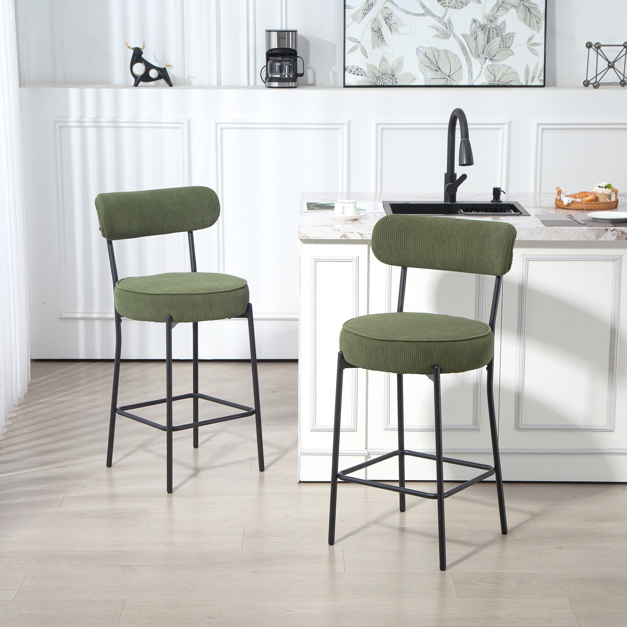 Set of 2 Corduroy Barstools - Green Upholstered 37"-DECOROLALA