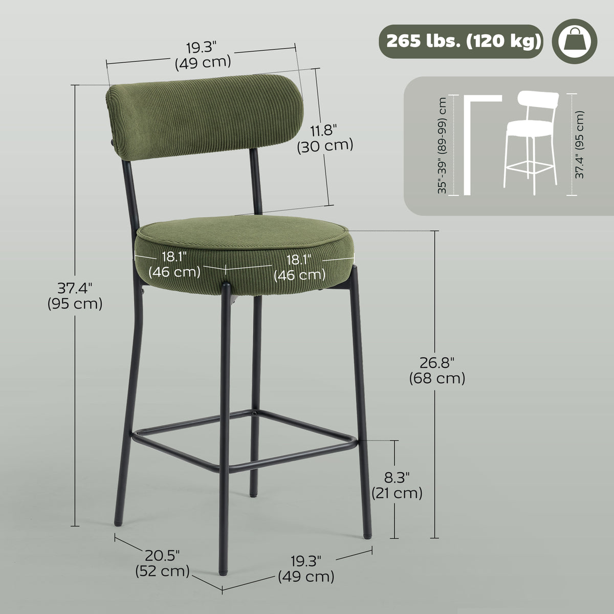 Set of 2 Corduroy Barstools - Green Upholstered 37"-Bar Stools-DECOROLALA