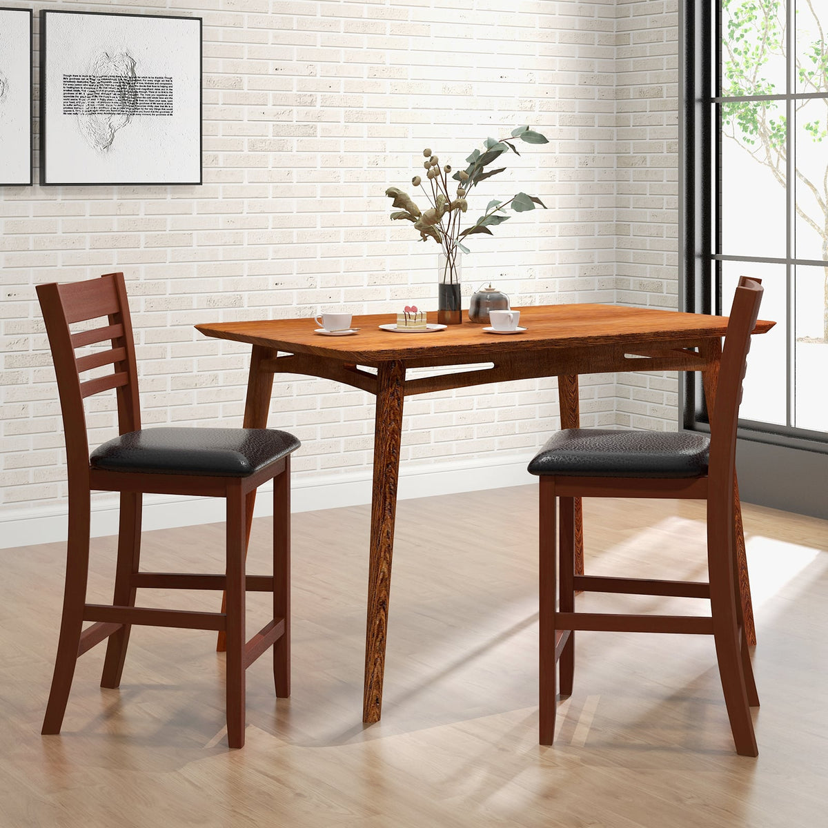 Set of 2 Counter Height Bar Chair Kitchen Island Stool with Backrest and Footrest-Walnut-Bar Stools-DECOROLALA