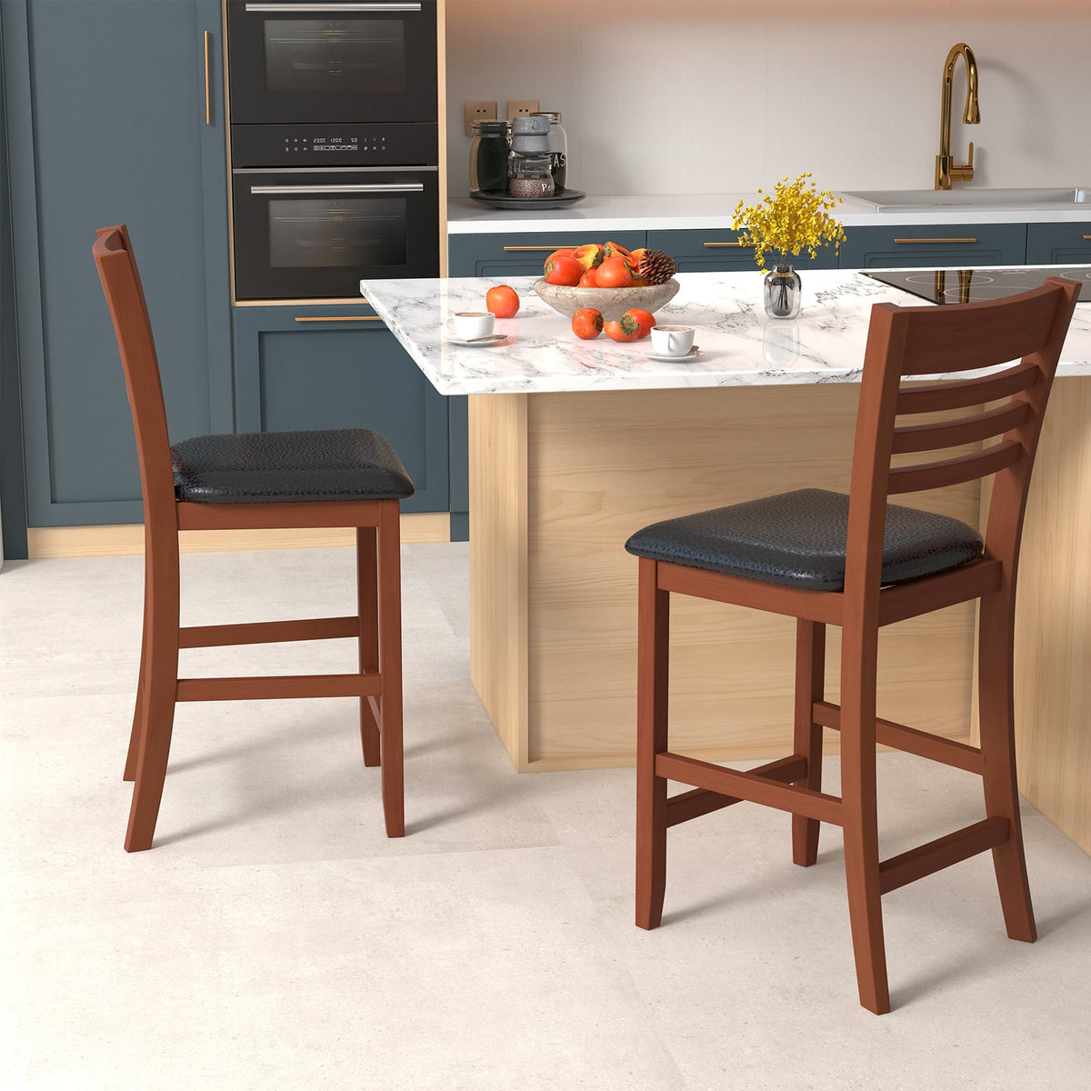 Set of 2 Counter Height Bar Chair Kitchen Island Stool with Backrest and Footrest-Walnut-Bar Stools-DECOROLALA