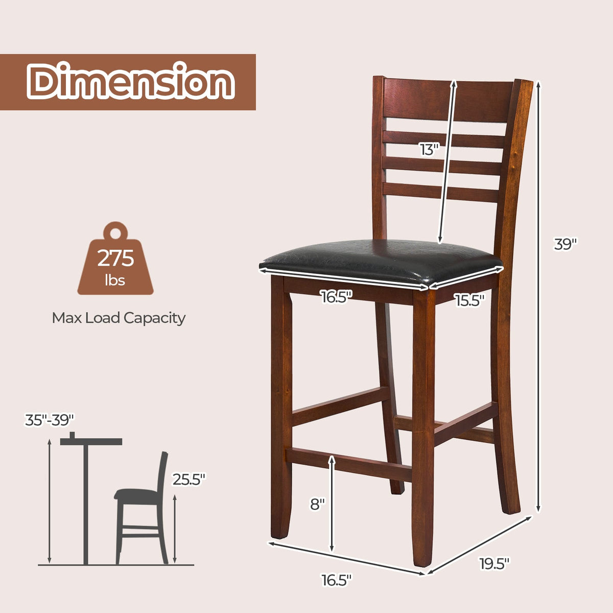 Set of 2 Counter Height Bar Chair Kitchen Island Stool with Backrest and Footrest-Walnut-Bar Stools-DECOROLALA