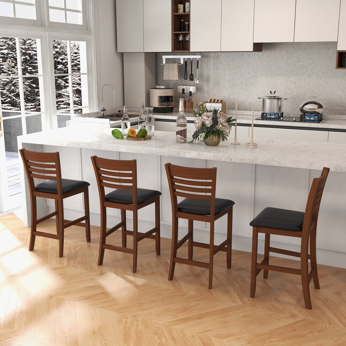 Set of 2 Counter Height Bar Chair Kitchen Island Stool with Backrest and Footrest-Walnut-Bar Stools-DECOROLALA