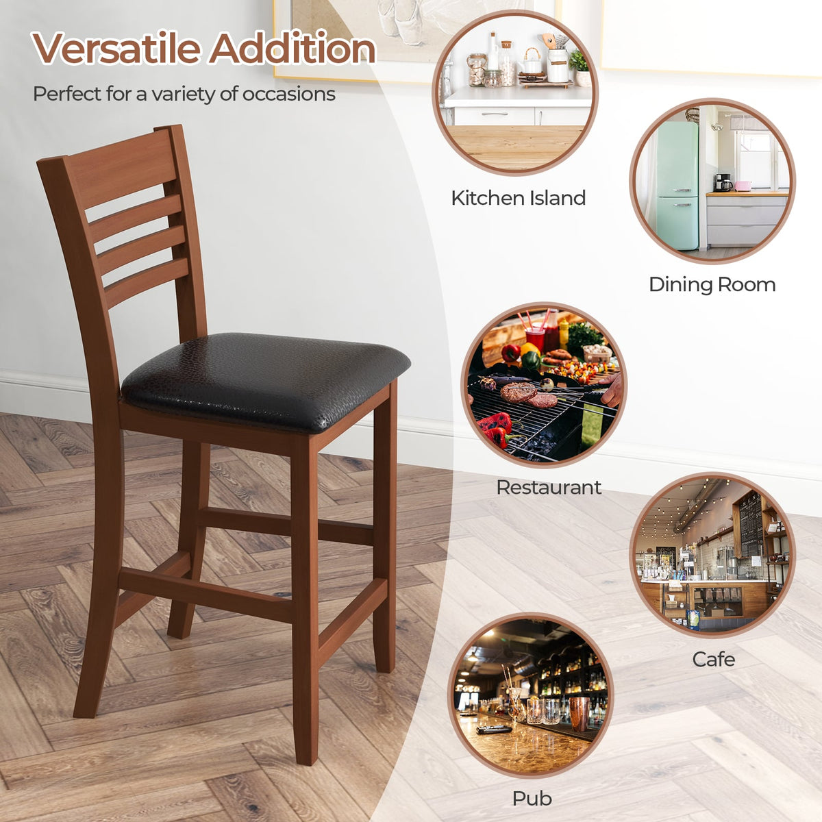 Set of 2 Counter Height Bar Chair Kitchen Island Stool with Backrest and Footrest-Walnut-Bar Stools-DECOROLALA