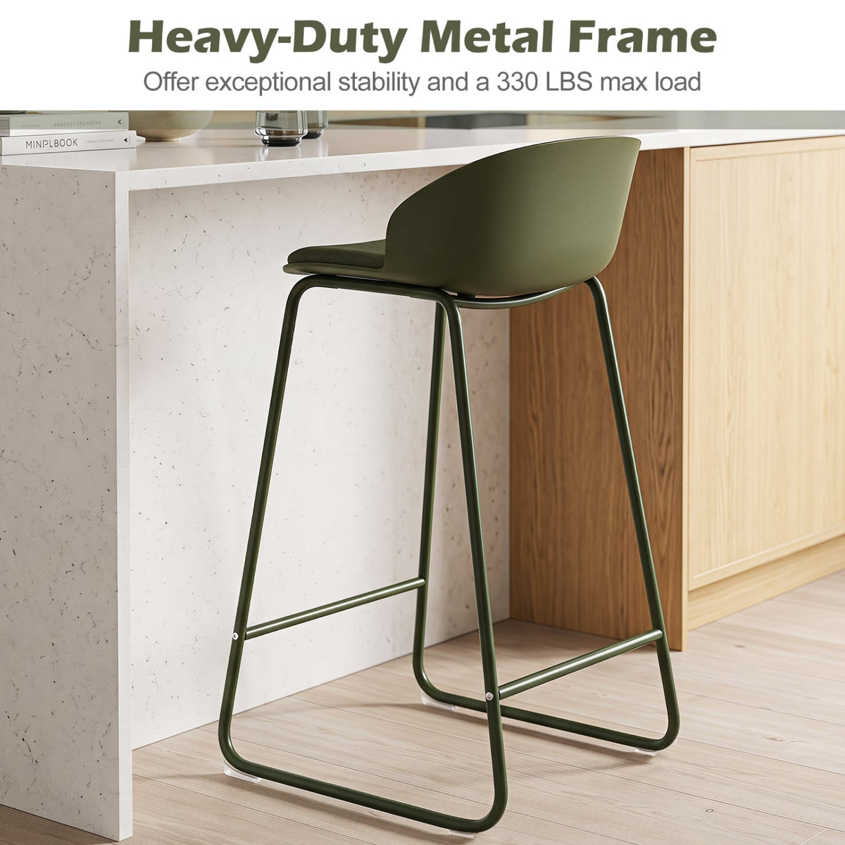 Set of 2 Counter Height Bar Stools with Curved Backrest and Metal Frame for Kitchen Dining-Green-Bar Stools-DECOROLALA