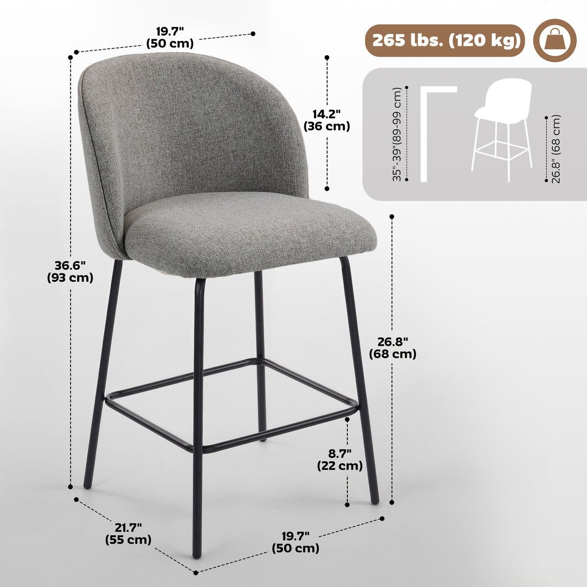 Set of 2 Counter Height Barstools - Dark Grey Linen-Home Furnishings > Kitchen & Dining Furniture > Bar Stools-DECOROLALA