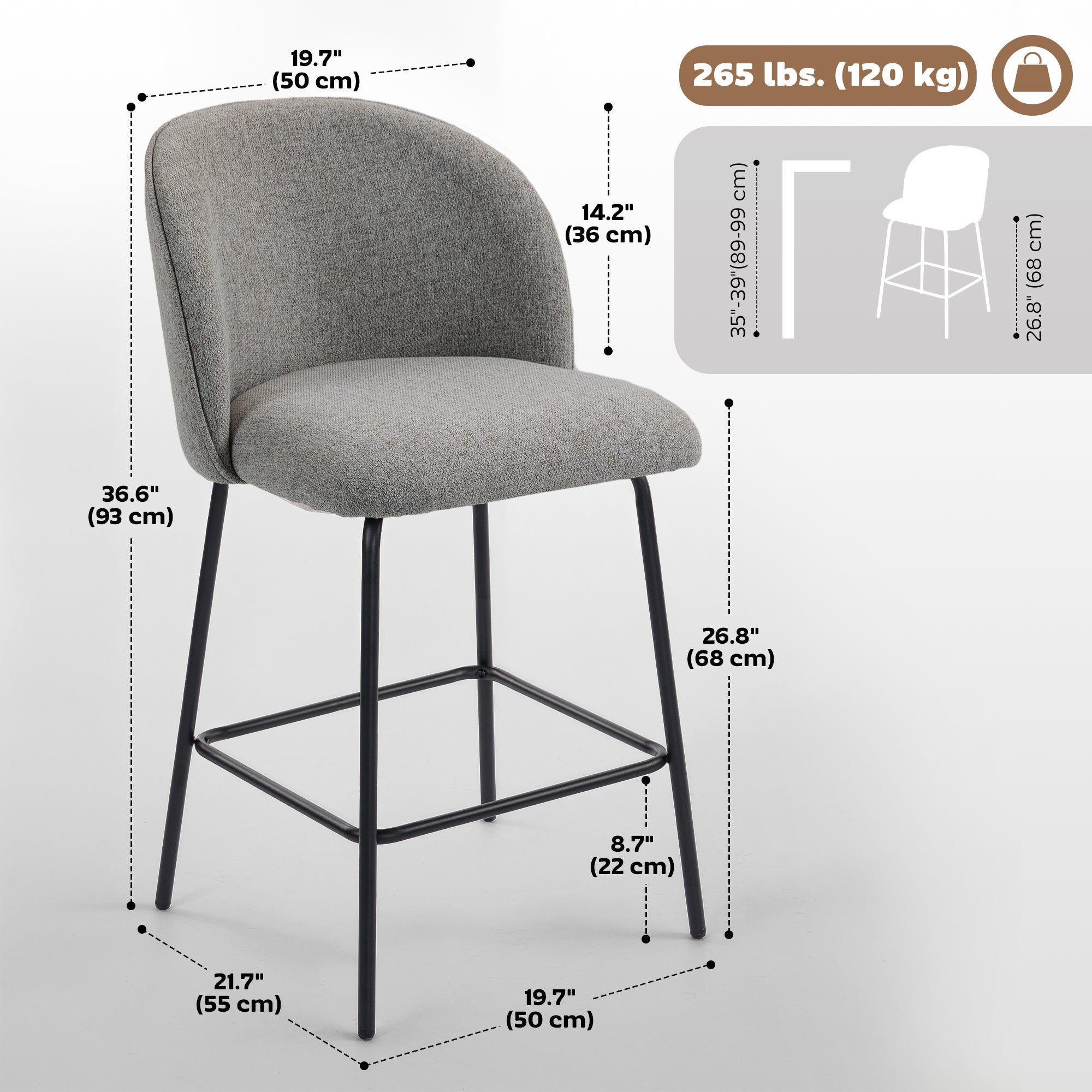 Set of 2 Counter Height Barstools - Dark Grey Linen-Home Furnishings > Kitchen & Dining Furniture > Bar Stools-DECOROLALA