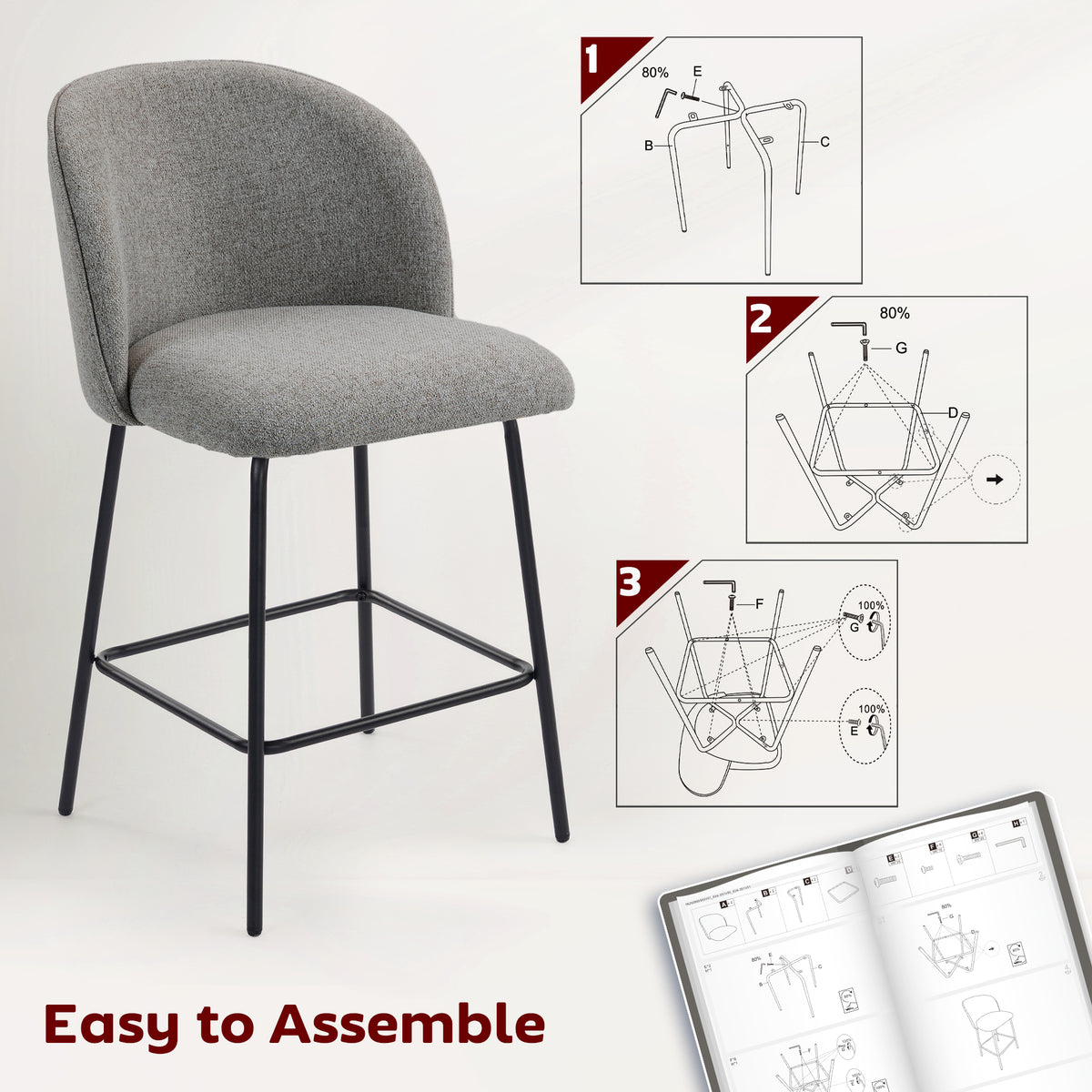 Set of 2 Counter Height Barstools - Dark Grey Linen-Home Furnishings > Kitchen & Dining Furniture > Bar Stools-DECOROLALA