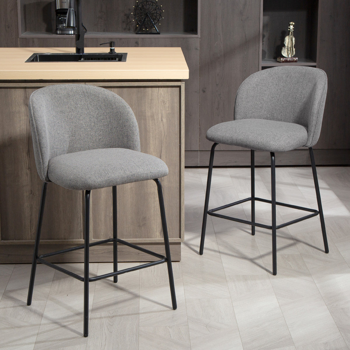Set of 2 Counter Height Barstools - Dark Grey Linen-Home Furnishings > Kitchen & Dining Furniture > Bar Stools-DECOROLALA