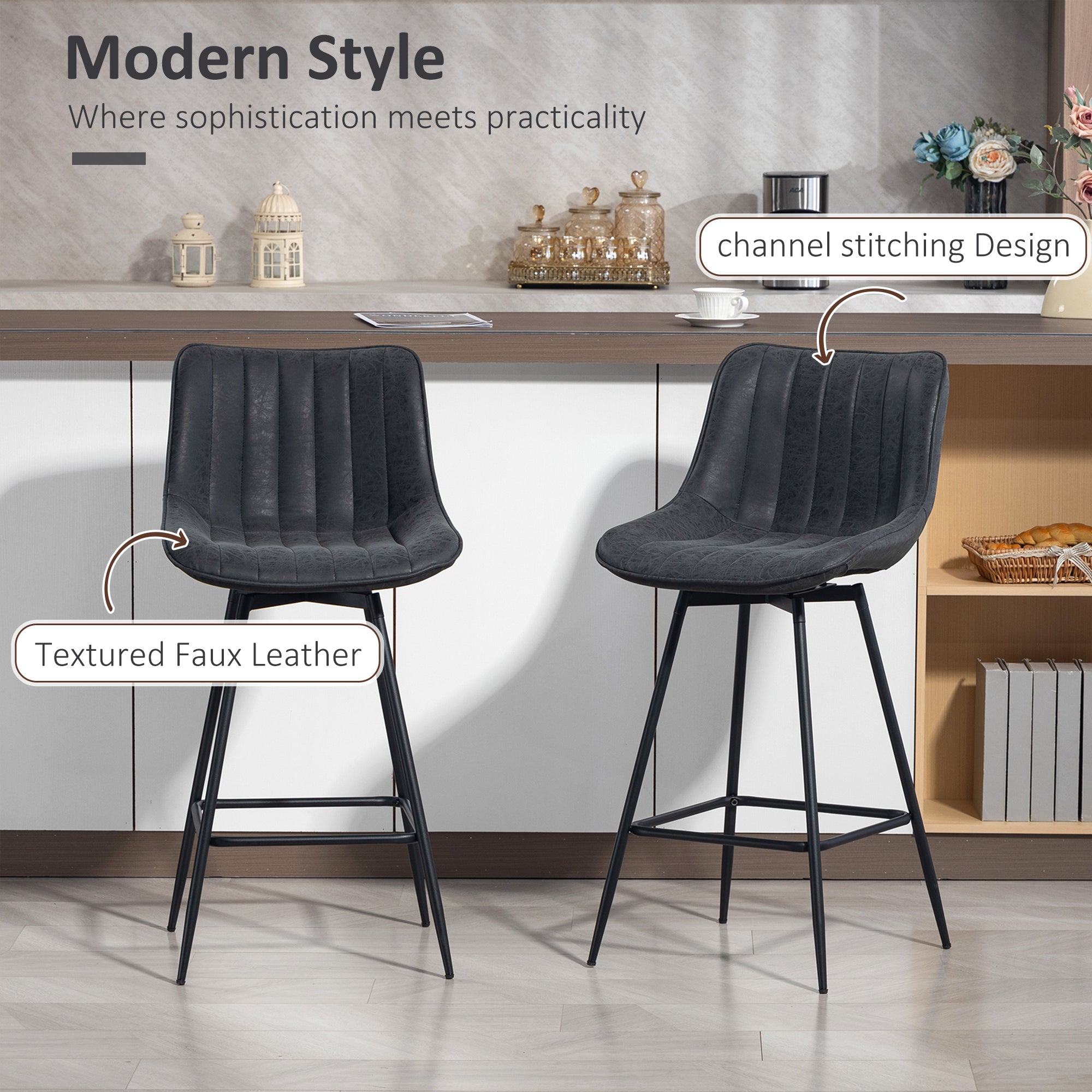 Set of 2 Counter Height Barstools, PU Leather Upholstered Bar Stools with Backrest, Footrest and Steel Legs, Black-Home Furnishings > Kitchen & Dining Furniture > Bar Stools-DECOROLALA