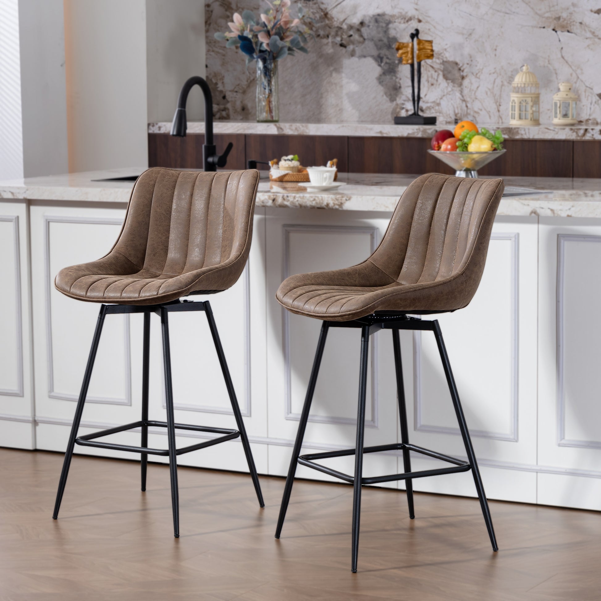 Set of 2 Counter Height Barstools, PU Leather Upholstered Bar Stools with Backrest, Footrest and Steel Legs, Brown-Home Furnishings > Kitchen & Dining Furniture > Bar Stools-DECOROLALA