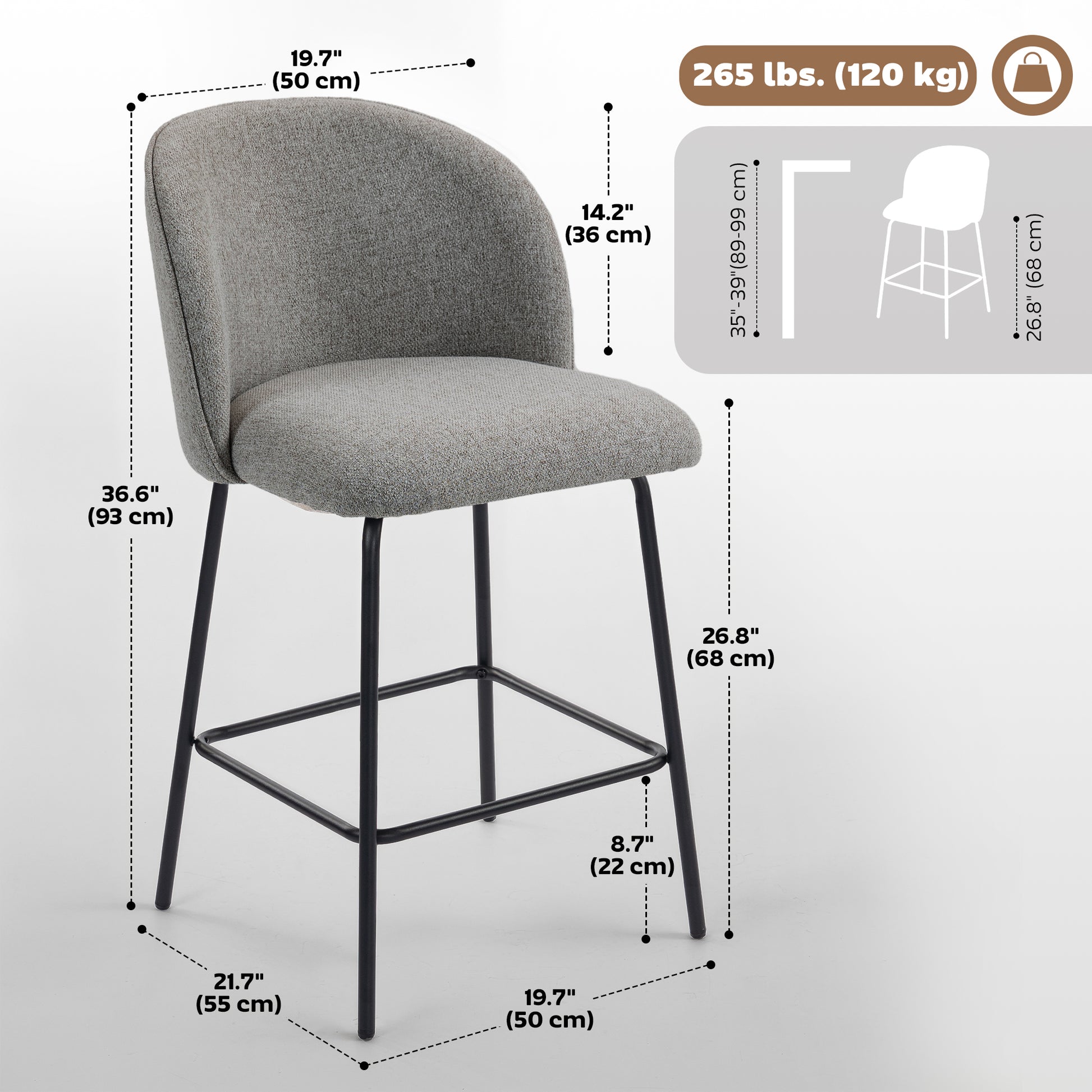 Set of 2 Counter Height Barstools, Upholstered Linen Bar Stools with Backrest, Footrest and Steel Legs, Dark Grey-Home Furnishings > Kitchen & Dining Furniture > Bar Stools-DECOROLALA