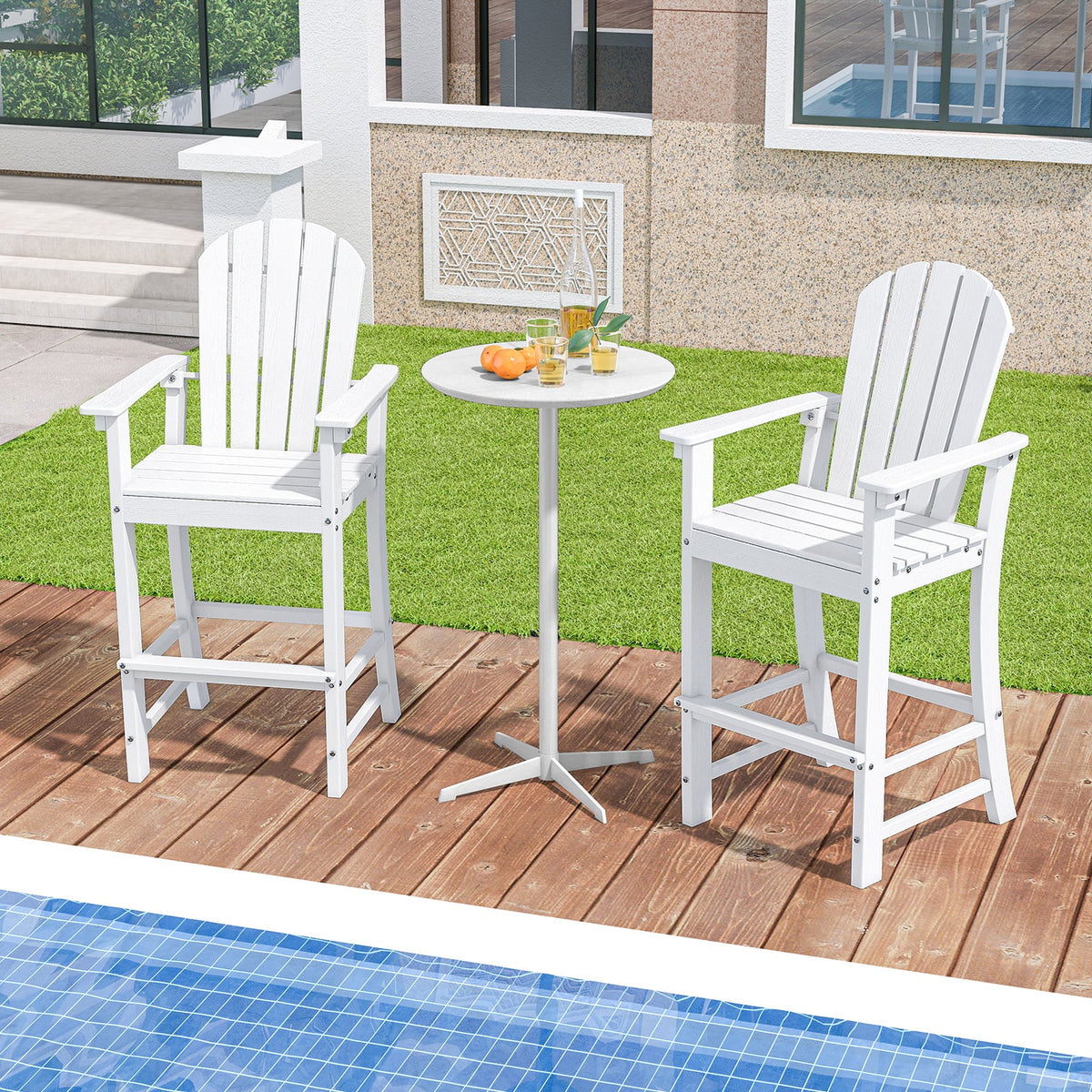 Set of 2 Counter Height Outdoor HDPE Bar Stool with Armrests and Footrest-White-Outdoor Bar Furniture-DECOROLALA