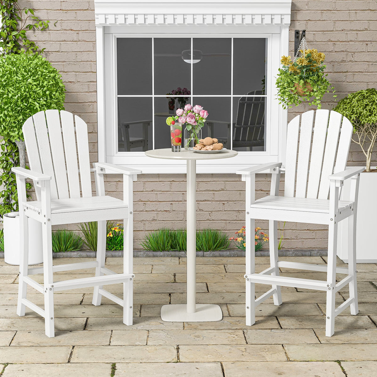 Set of 2 Counter Height Outdoor HDPE Bar Stool with Armrests and Footrest-White-Outdoor Bar Furniture-DECOROLALA