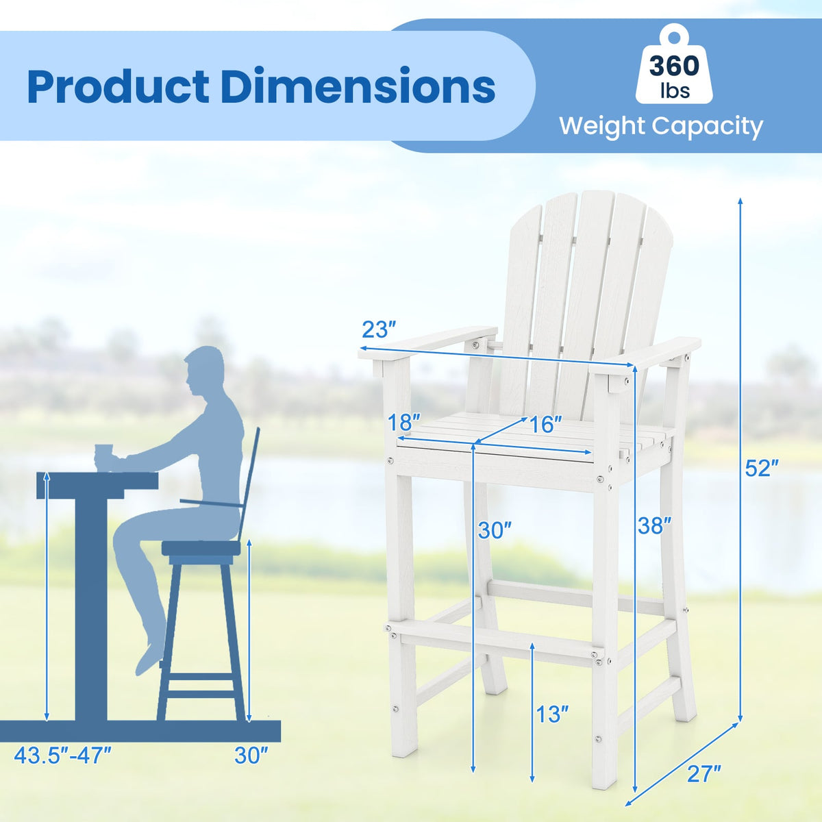 Set of 2 Counter Height Outdoor HDPE Bar Stool with Armrests and Footrest-White-Outdoor Bar Furniture-DECOROLALA