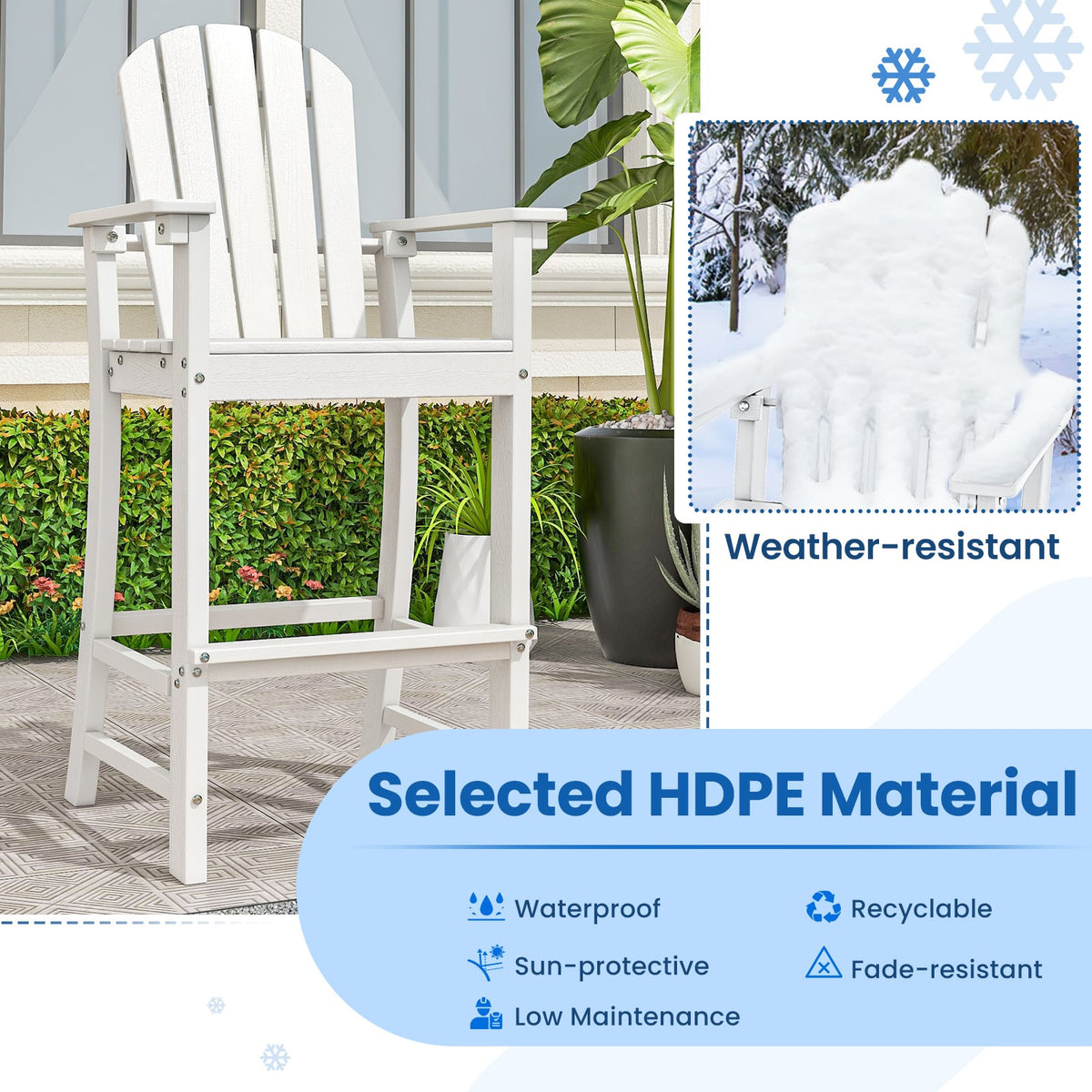 Set of 2 Counter Height Outdoor HDPE Bar Stool with Armrests and Footrest-White-Outdoor Bar Furniture-DECOROLALA