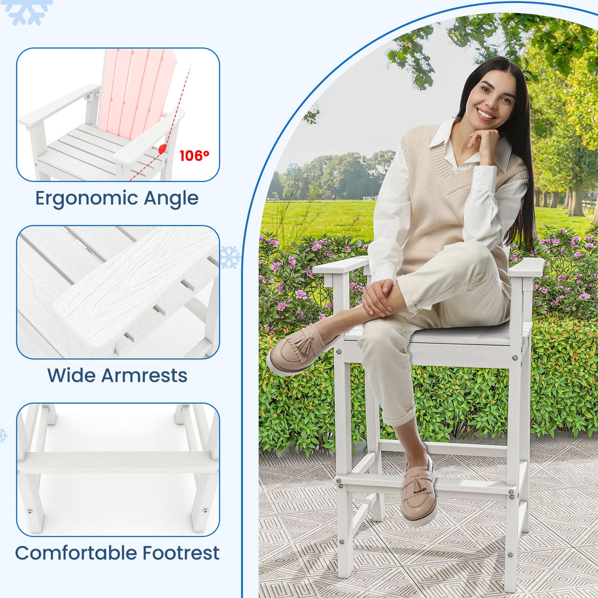 Set of 2 Counter Height Outdoor HDPE Bar Stool with Armrests and Footrest-White-Outdoor Bar Furniture-DECOROLALA