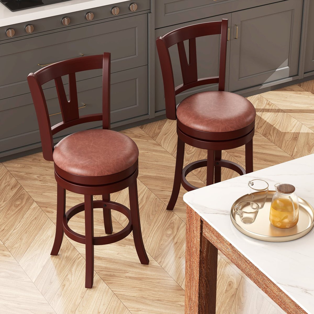Set of 2 Counter Height Swivel Barstools with High Backs and Footrests-30 inches-Bar Stools-DECOROLALA