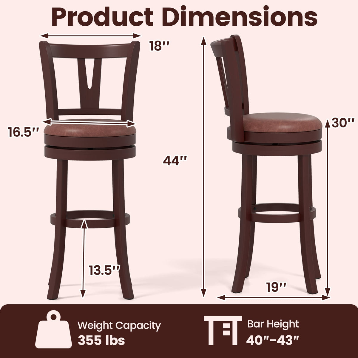 Set of 2 Counter Height Swivel Barstools with High Backs and Footrests-30 inches-Bar Stools-DECOROLALA