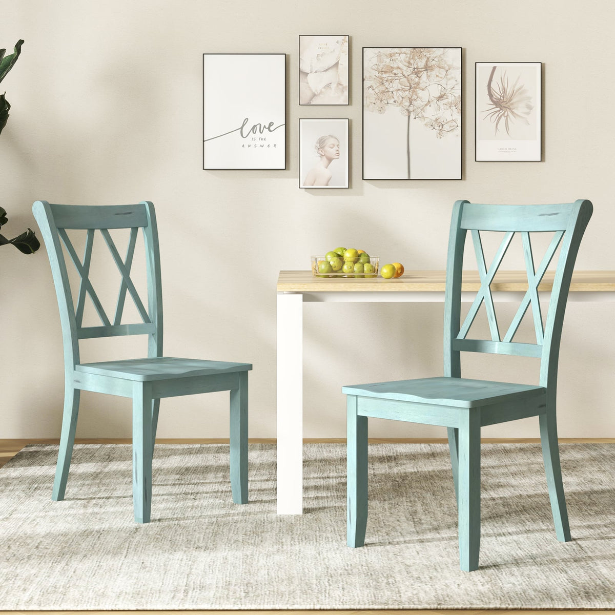 Set of 2 Cross Back Rubber Wood Dining Chairs-Green-Dining Chairs-DECOROLALA