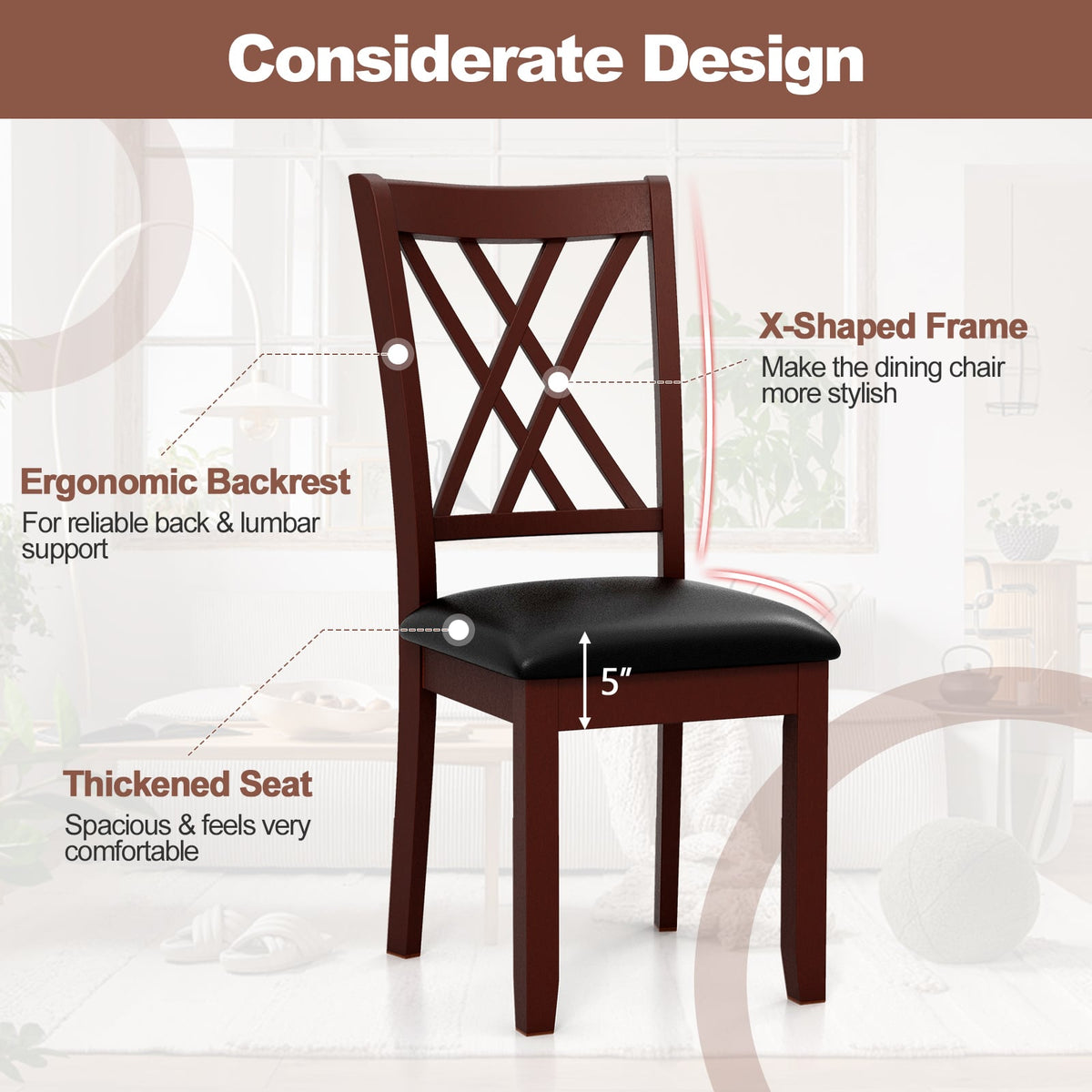 Set of 2 Dining Chair with Backrest and Padded Seat-Brown-Dining Chairs-DECOROLALA
