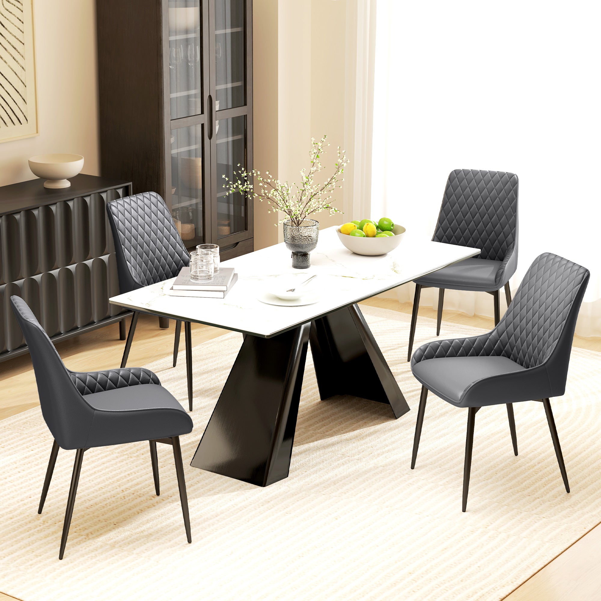 Set of 2 Dining Chairs, Grey Modern Diamond Tufting Steel Legs (70 characters)-DECOROLALA